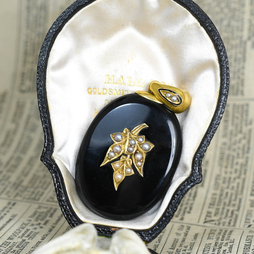 Victorian Pearl Ivy Leaf & Onyx Locket