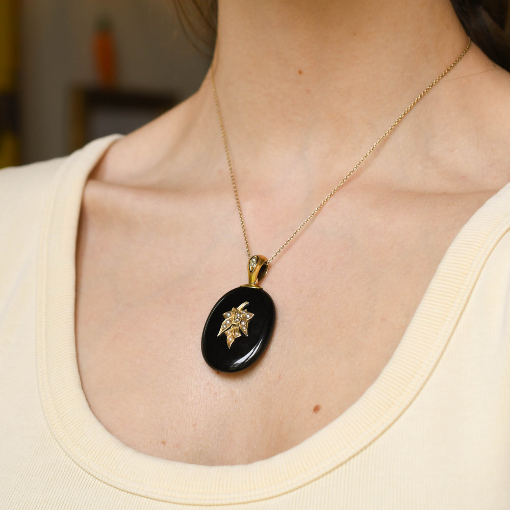 Victorian Pearl Ivy Leaf & Onyx Locket