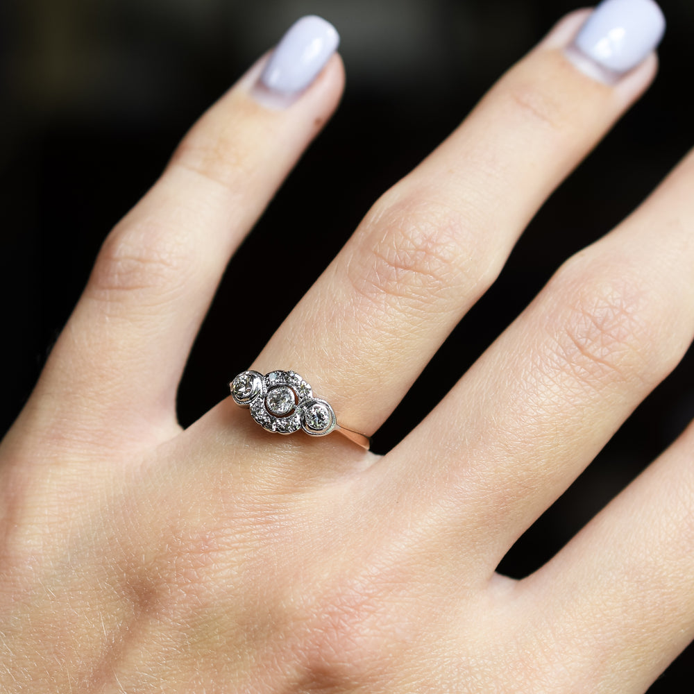 Edwardian Diamond 3-Stone Cluster Ring