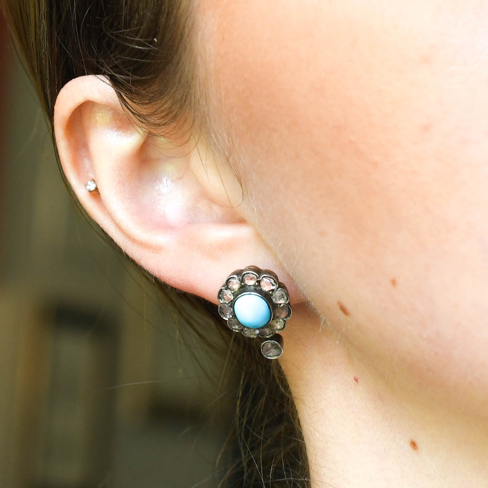 Georgian Turquoise & Rose Cut Diamond Cluster Stud Earrings