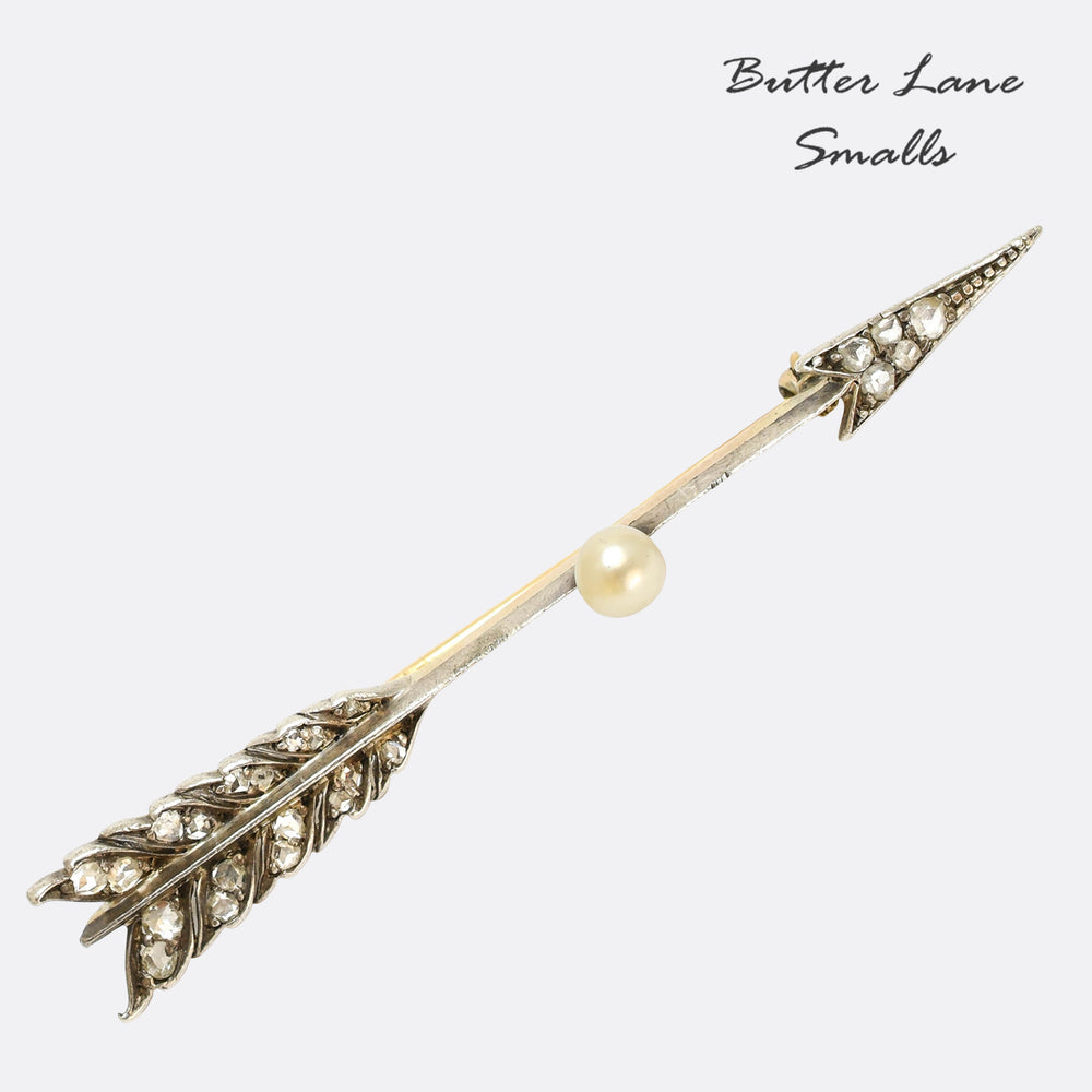 Antique Rose Cut Diamond & Pearl Arrow Brooch