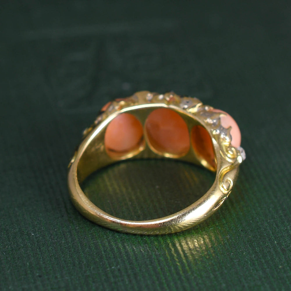 Victorian 3-Stone Coral & Diamond Ring