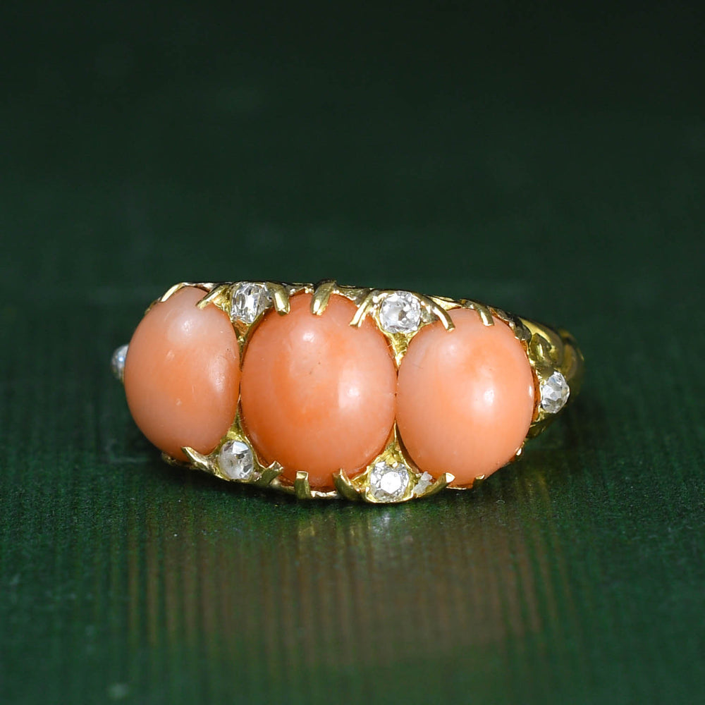 Victorian 3-Stone Coral & Diamond Ring