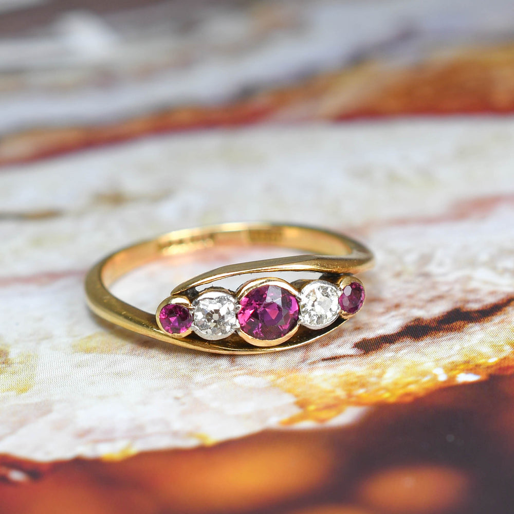 Art Nouveau Ruby & Diamond 5-Stone Crossover Ring