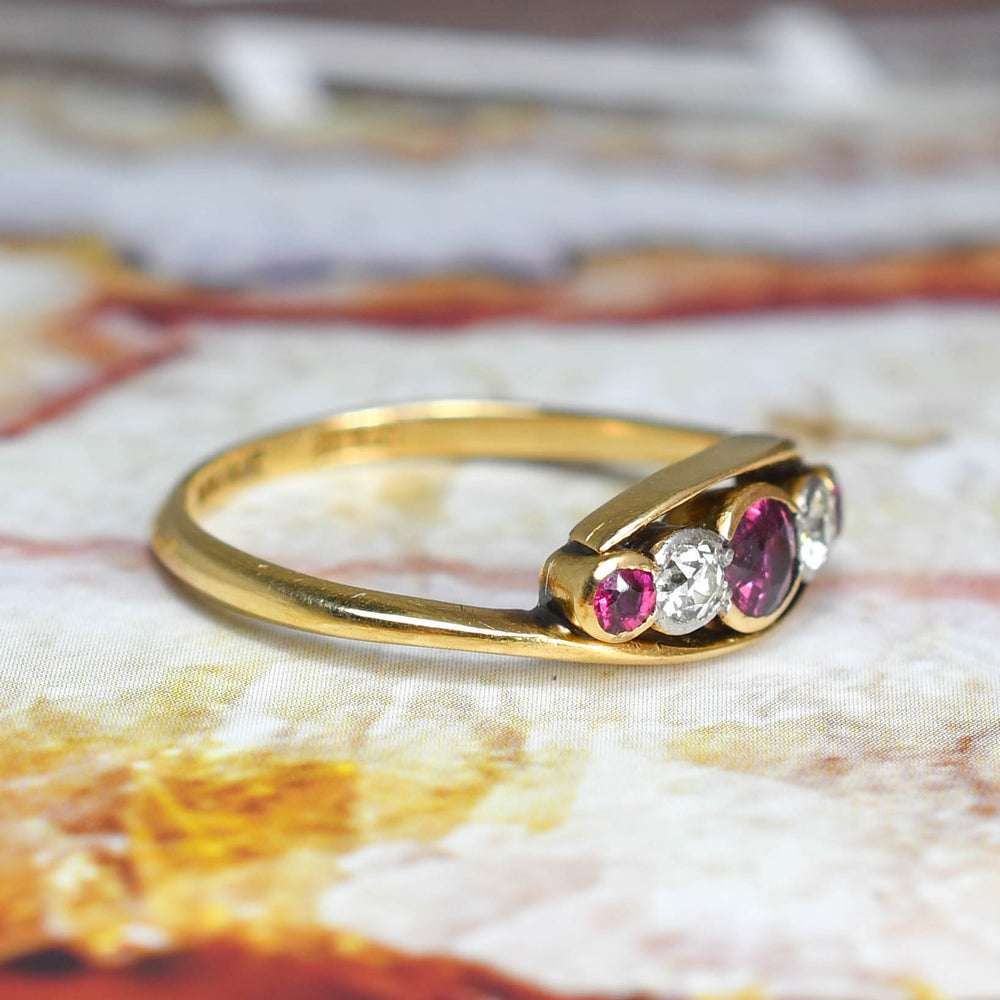 Art Nouveau Ruby & Diamond 5-Stone Crossover Ring