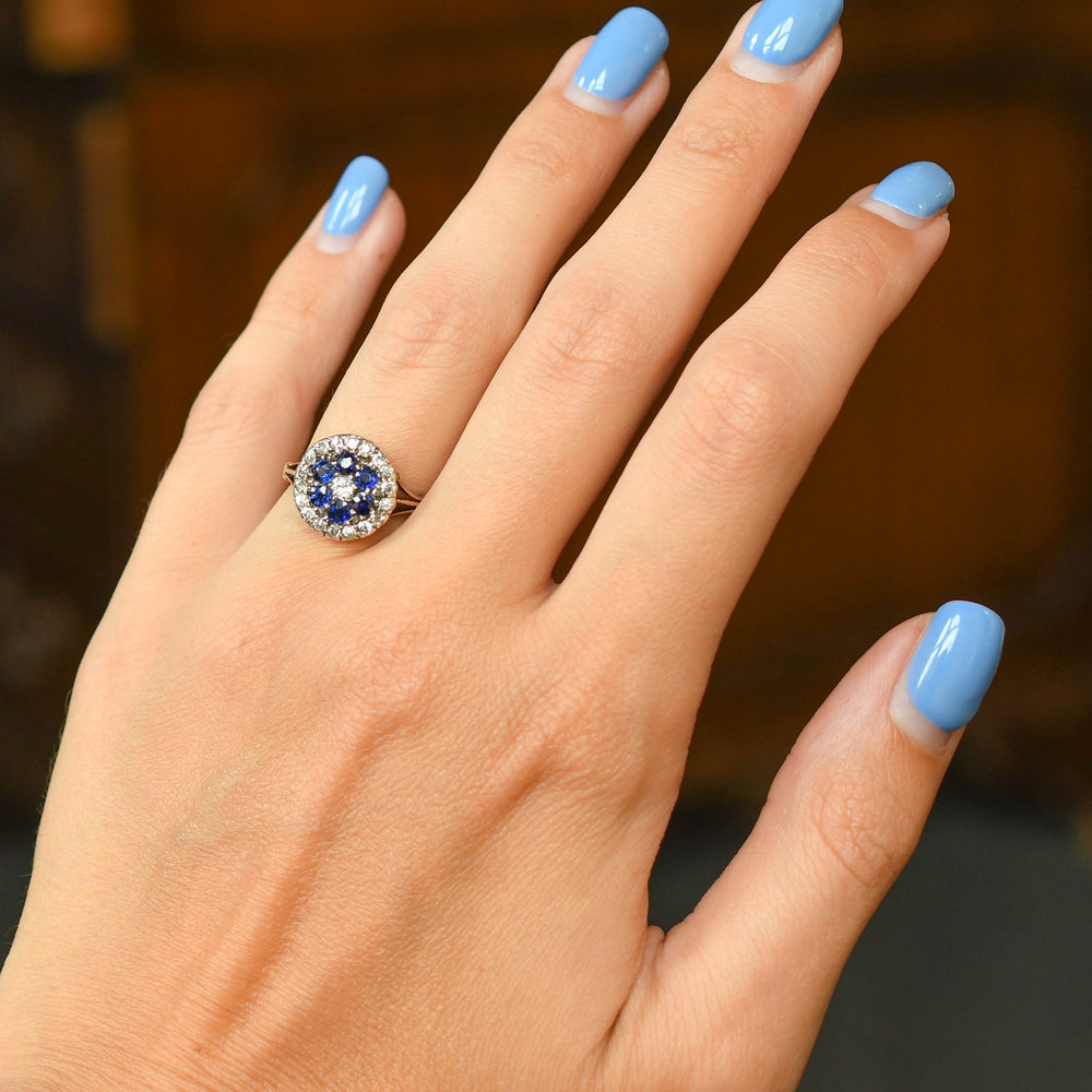 Edwardian Sapphire & Diamond Cobblestone Flower Cluster Ring