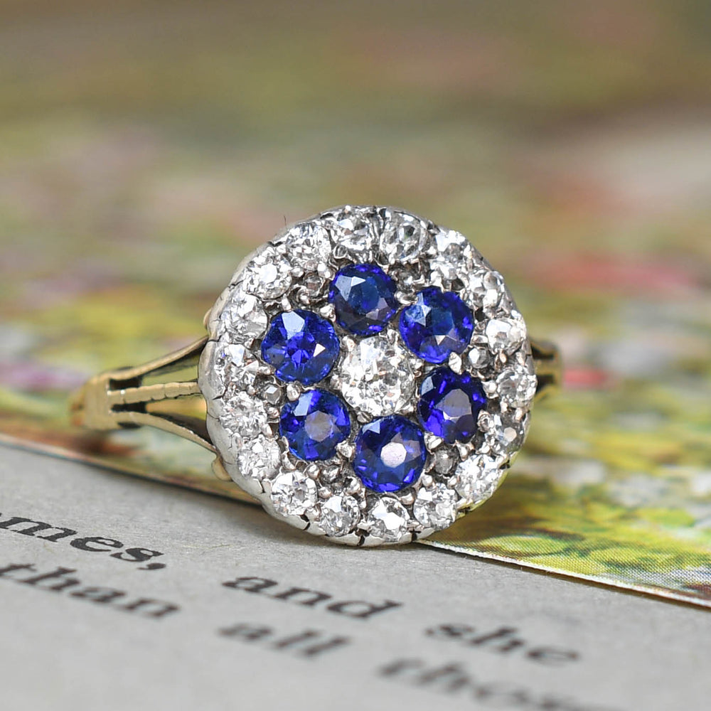 Edwardian Sapphire & Diamond Cobblestone Flower Cluster Ring