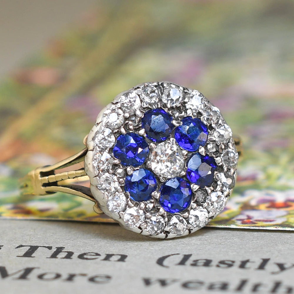 Edwardian Sapphire & Diamond Cobblestone Flower Cluster Ring