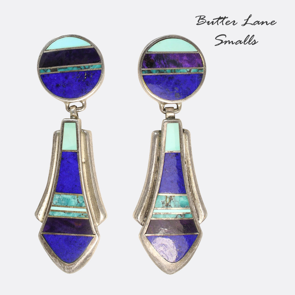 1920's Silver Lapis, Turquoise & Agate Inlay Drop Earrings
