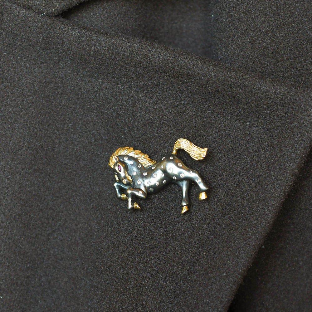 Vintage Diamond & Ruby Horse Brooch Pendant