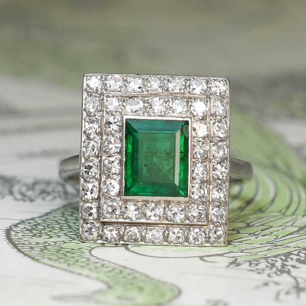 Art Deco Emerald & Diamond Square Cluster Ring