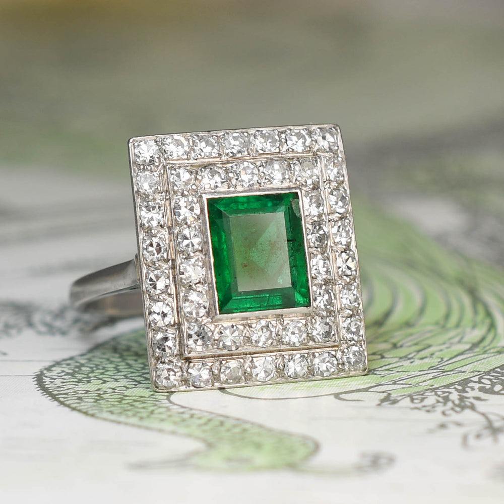 Art Deco Emerald & Diamond Square Cluster Ring