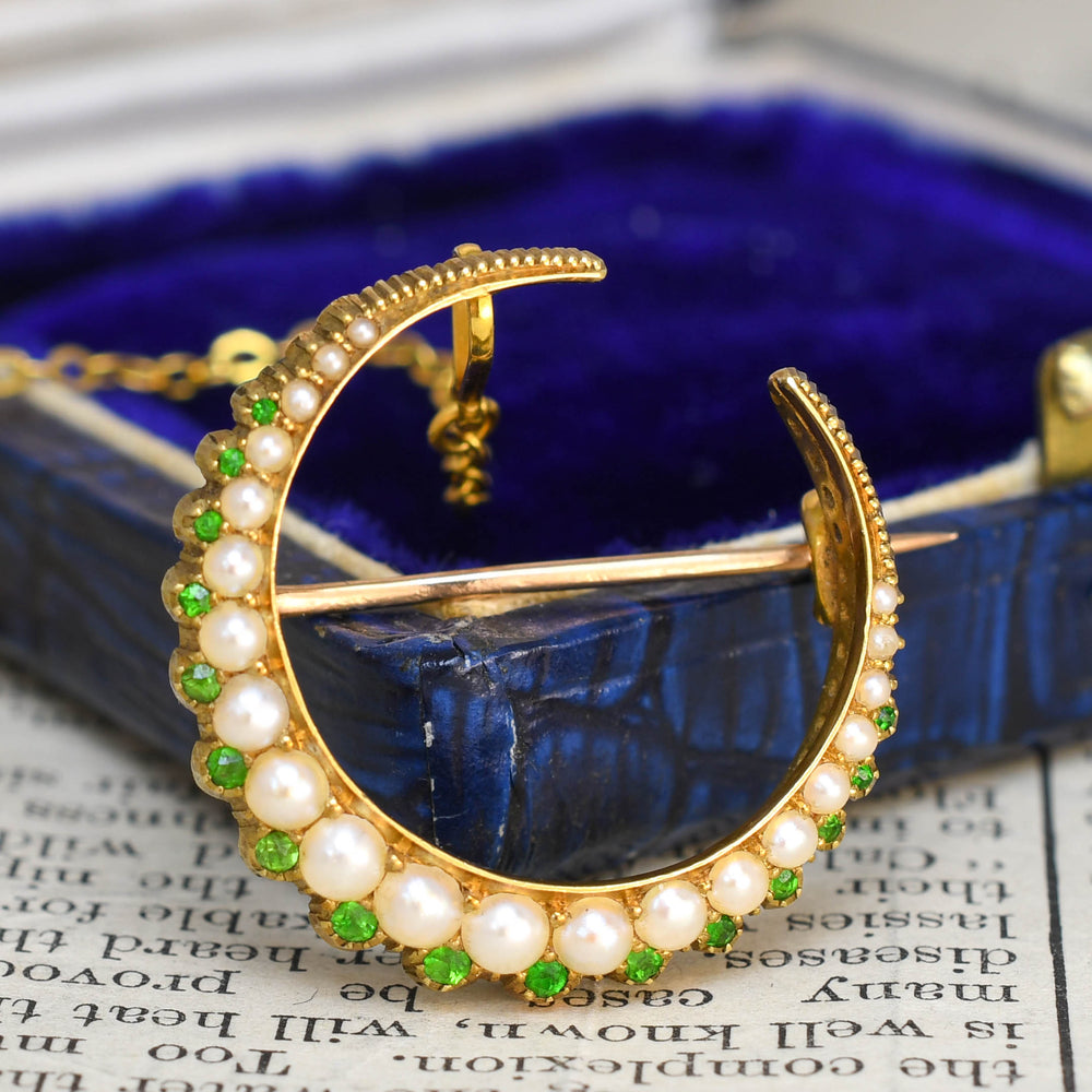 Victorian Pearl & Demantoid Garnet Crescent Brooch
