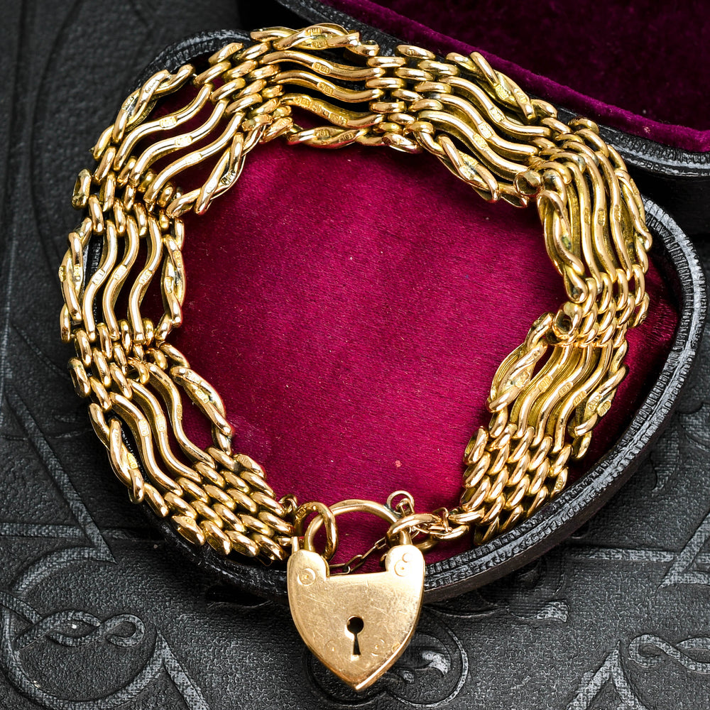 Edwardian 18k Gold Gate-Link Bracelet with Heart Padlock