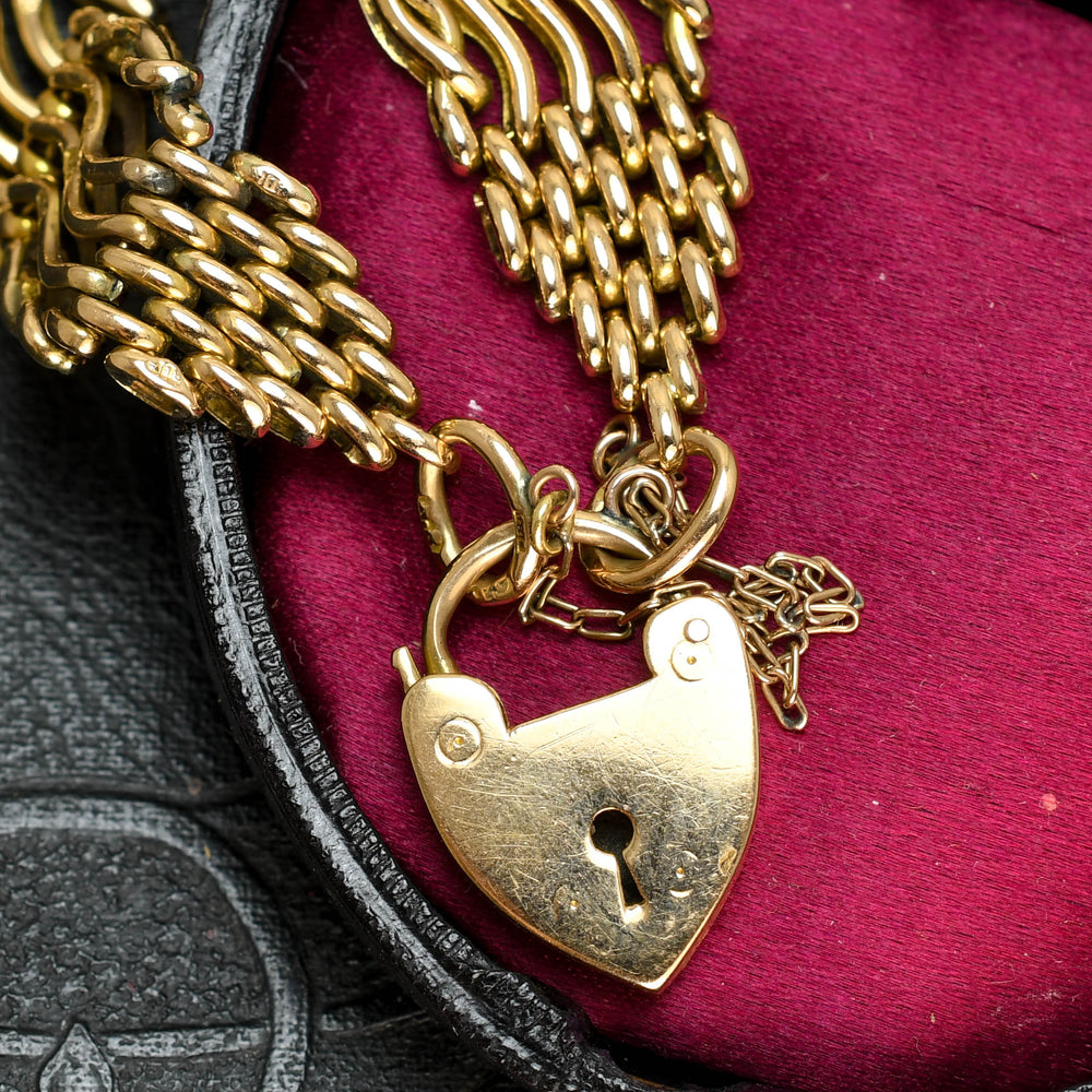 Edwardian 18k Gold Gate-Link Bracelet with Heart Padlock