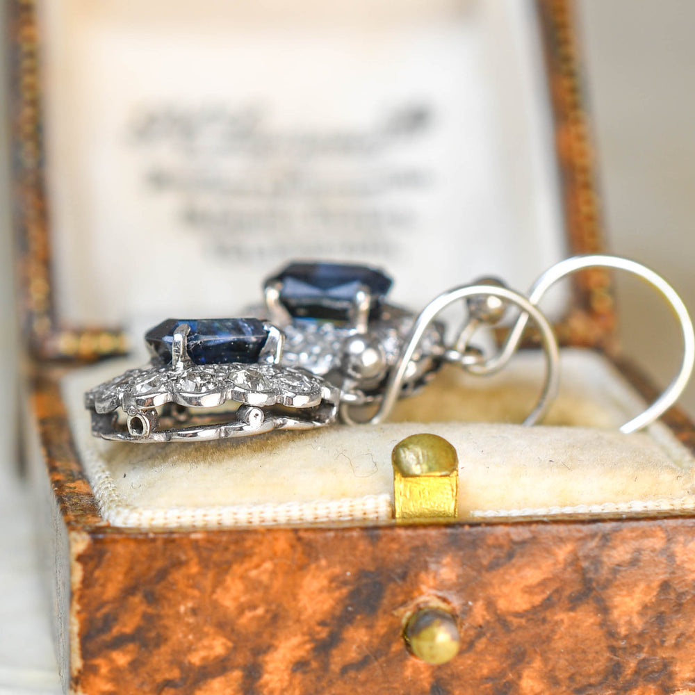 Art Deco Sapphire & Diamond Flower Cluster Drop Earrings