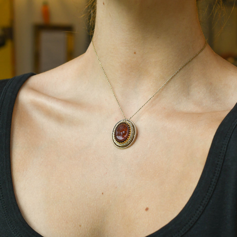 Etruscan Revival Tassie Intaglio & Pearl Brooch