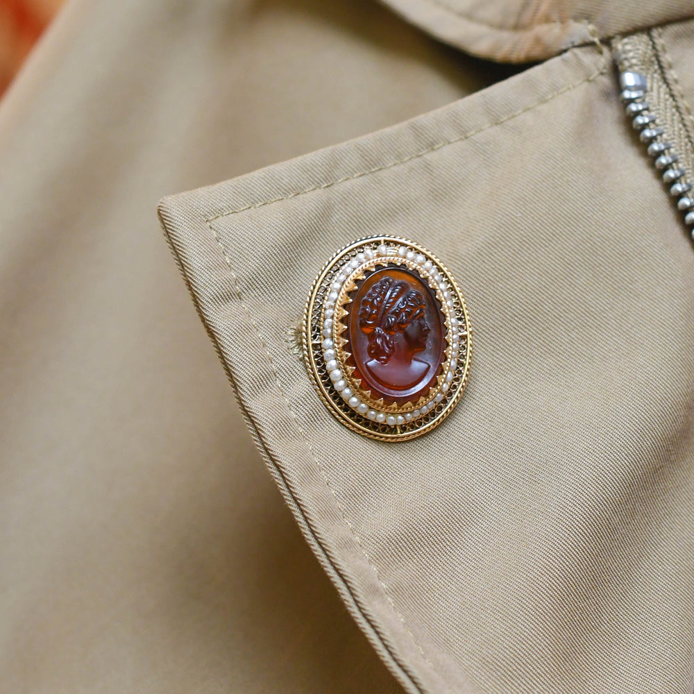 Etruscan Revival Tassie Intaglio & Pearl Brooch