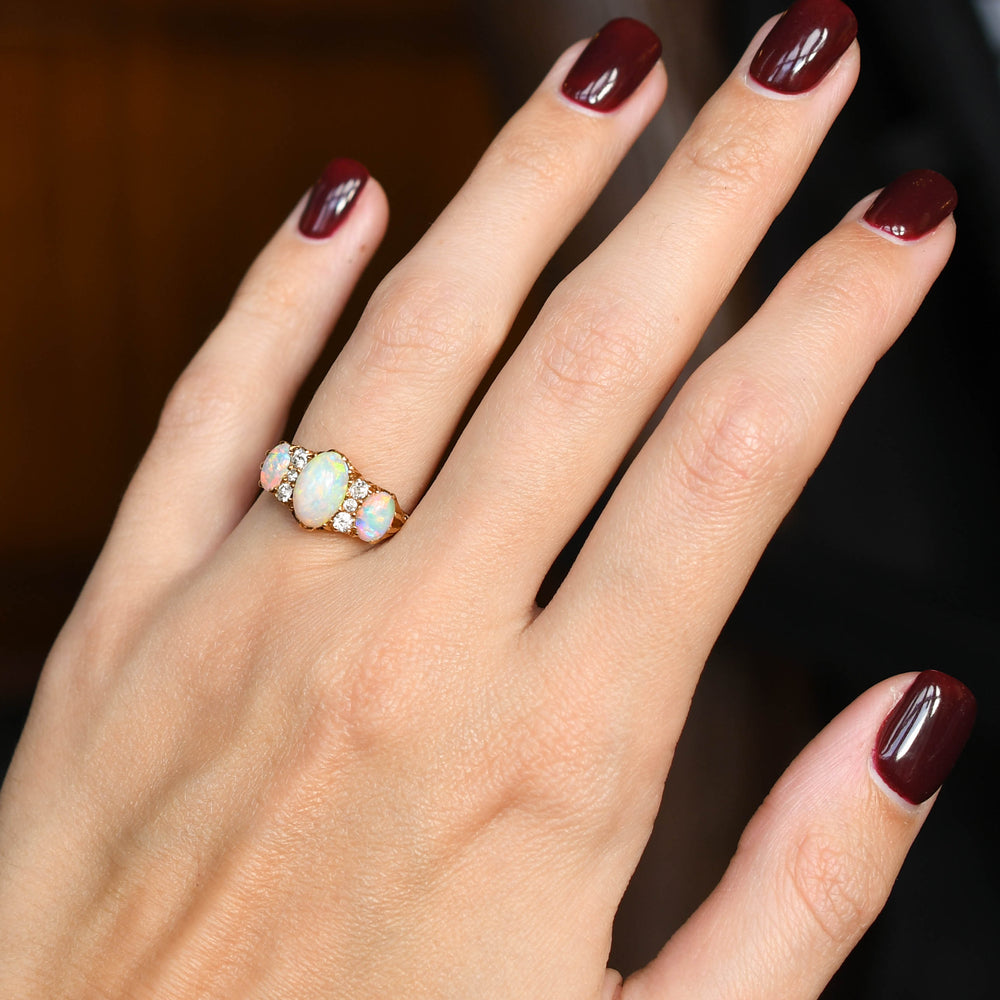 Late Victorian 3-Stone Opal & Diamond Ring