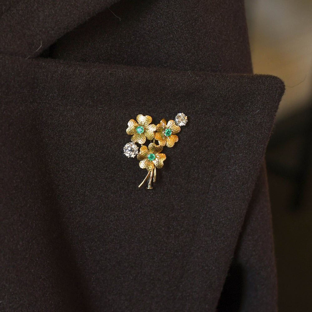 Antique French Emerald & Diamond Flower Bunch Brooch