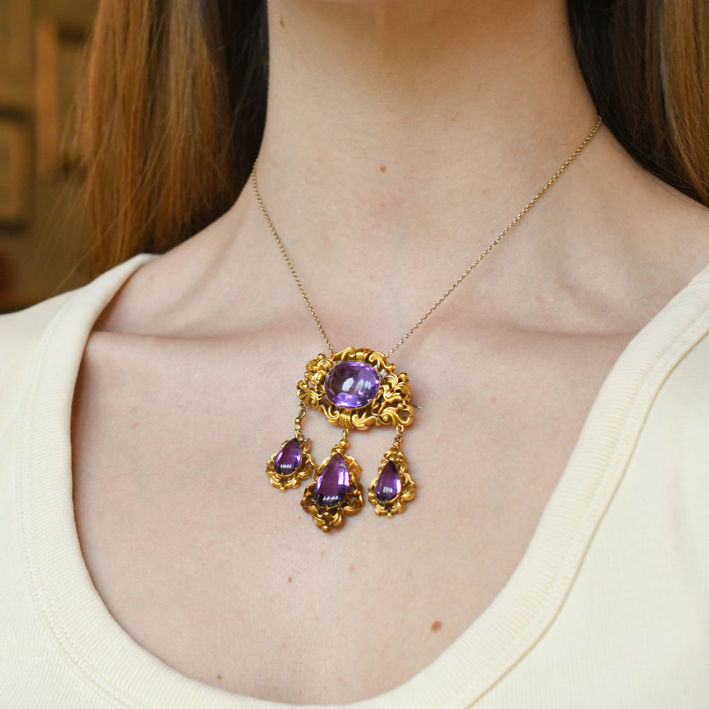 High Victorian Gold Amethyst Drop Brooch