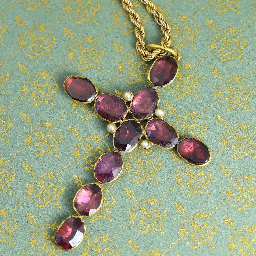 Georgian Garnet & Pearl Cross Pendant with Gold Chain