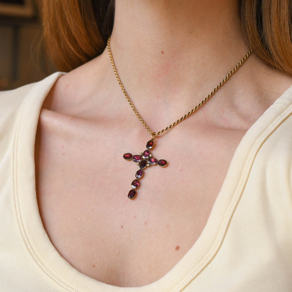 Georgian Garnet & Pearl Cross Pendant with Gold Chain