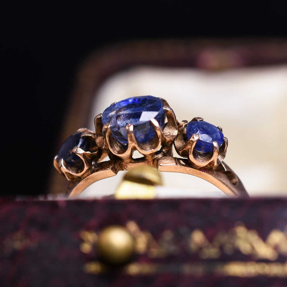 Pre-Revolution Russian Blue Spinel 3-Stone Ring