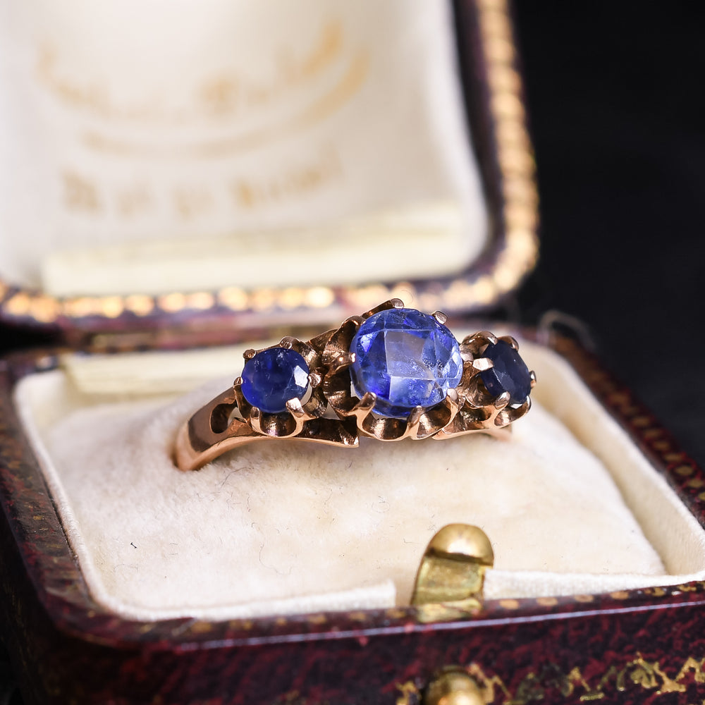 Pre-Revolution Russian Blue Spinel 3-Stone Ring