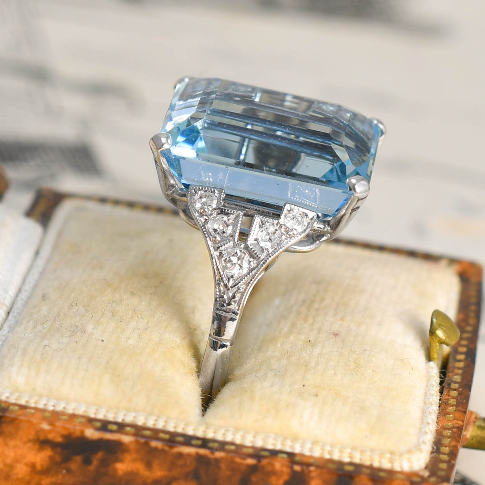 Art Deco 14.86ct Aquamarine & Diamond Cocktail Ring
