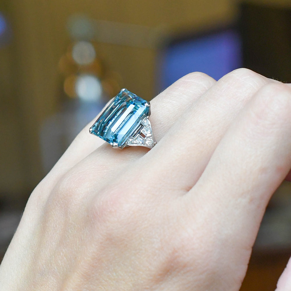 Art Deco 14.86ct Aquamarine & Diamond Cocktail Ring