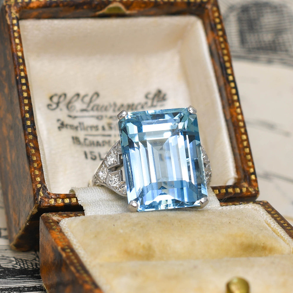 Art Deco 14.86ct Aquamarine & Diamond Cocktail Ring
