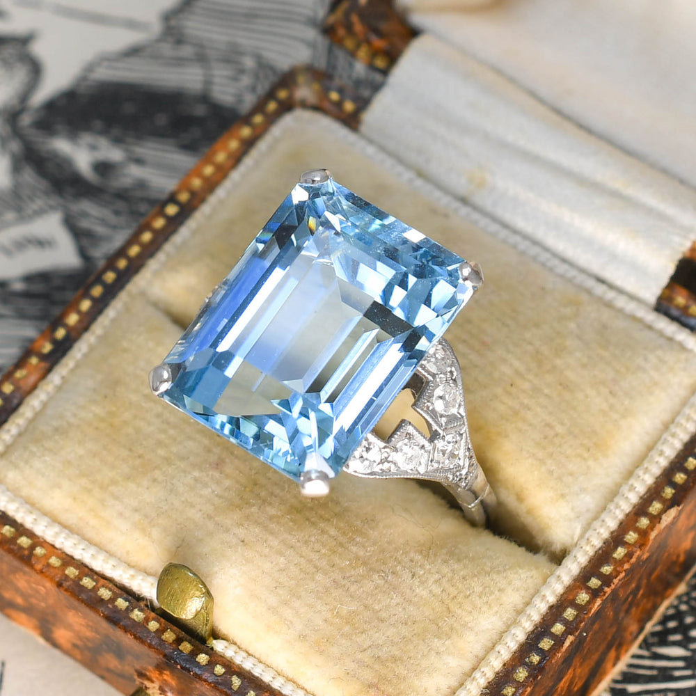 Art Deco 14.86ct Aquamarine & Diamond Cocktail Ring