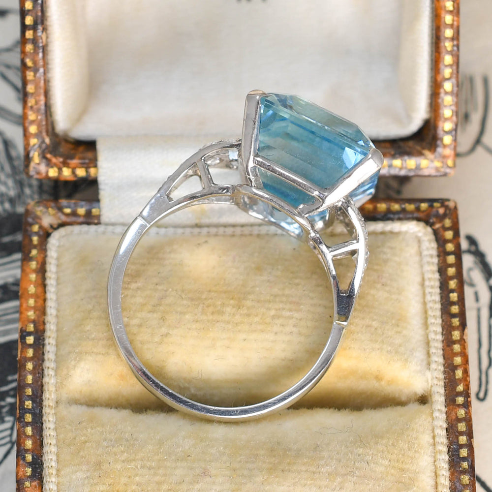 Art Deco 14.86ct Aquamarine & Diamond Cocktail Ring