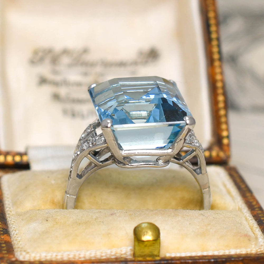 Art Deco 14.86ct Aquamarine & Diamond Cocktail Ring