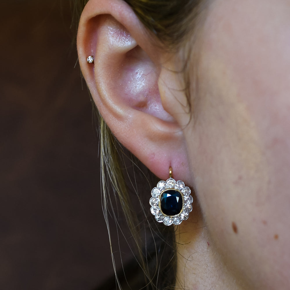 Edwardian Sapphire & Diamond Flower Cluster Earrings