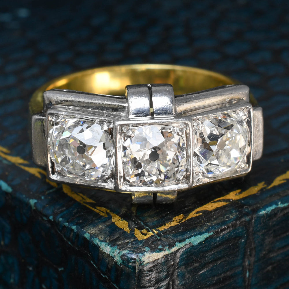 Art Deco French 3.25ct Diamond Three-Stone Ring