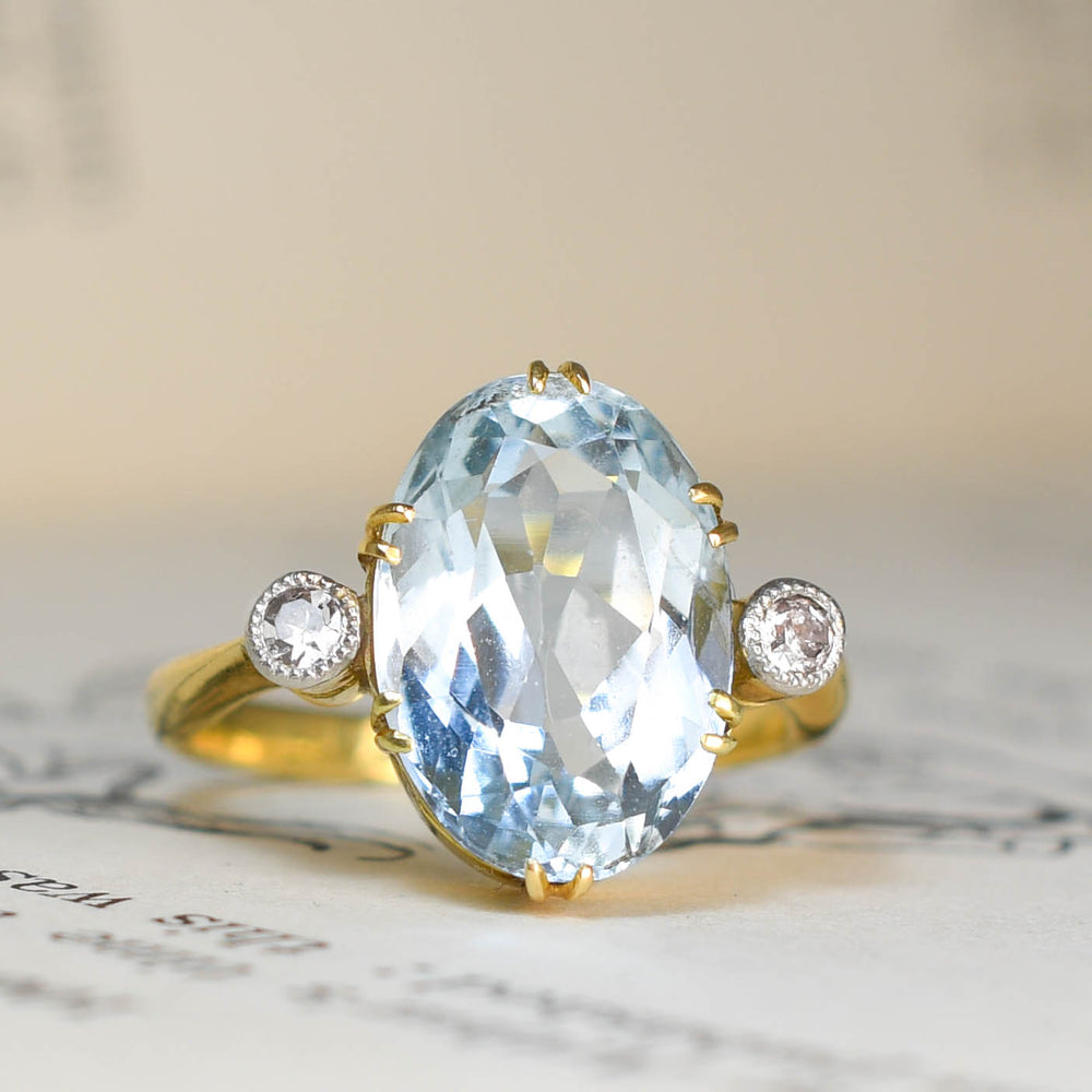 Edwardian 5.12ct Aquamarine & Diamond 3-Stone Ring