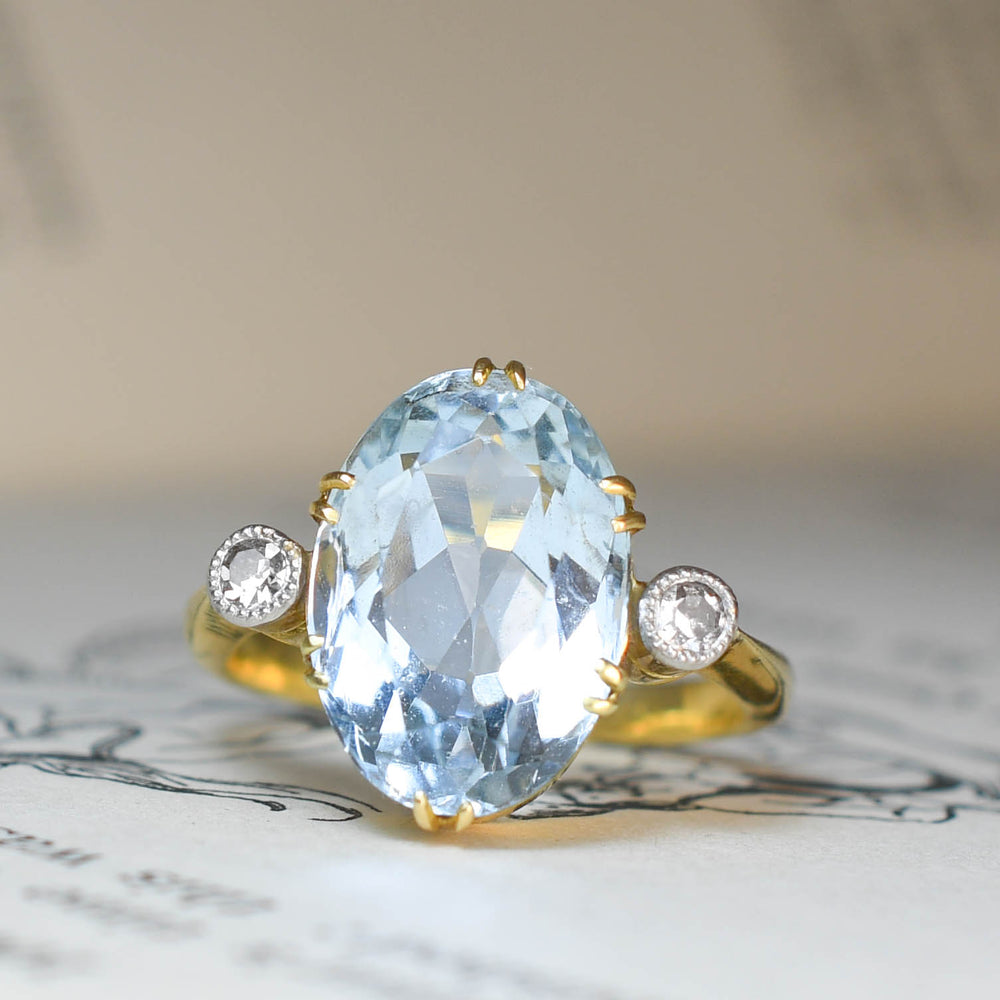Edwardian 5.12ct Aquamarine & Diamond 3-Stone Ring