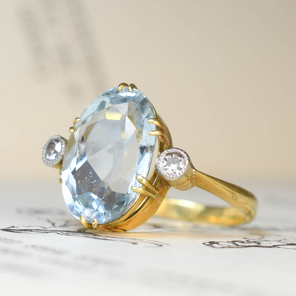 Edwardian 5.12ct Aquamarine & Diamond 3-Stone Ring
