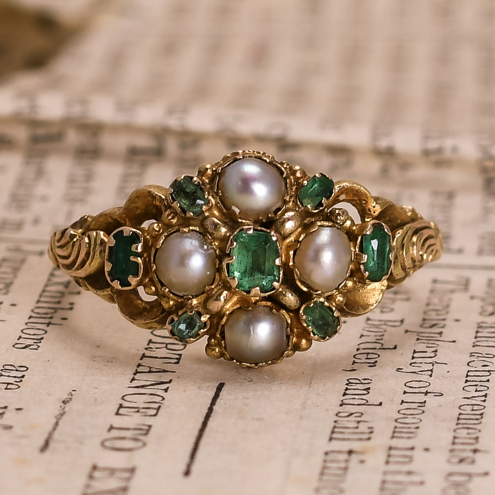 Georgian Pearl & Emerald Locket Cluster Ring