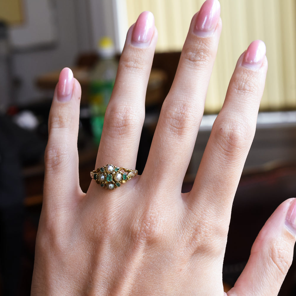 Georgian Pearl & Emerald Locket Cluster Ring