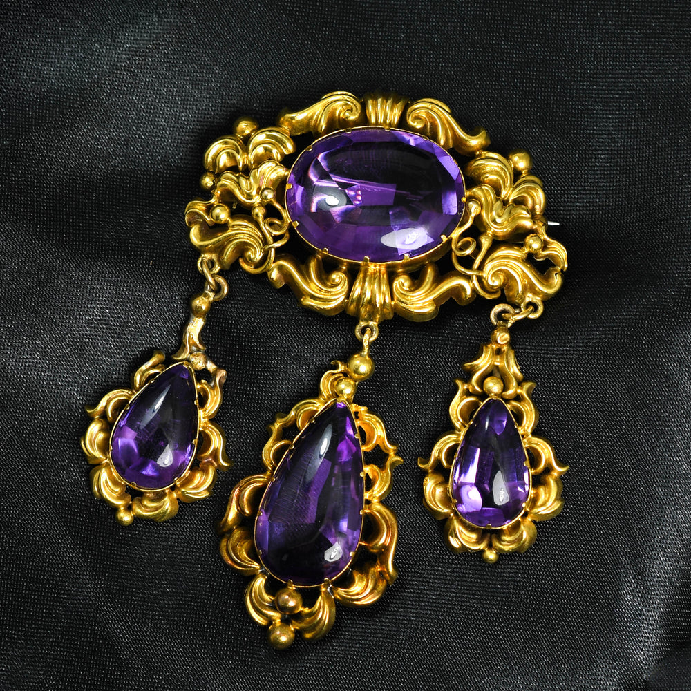 High Victorian Gold Amethyst Drop Brooch