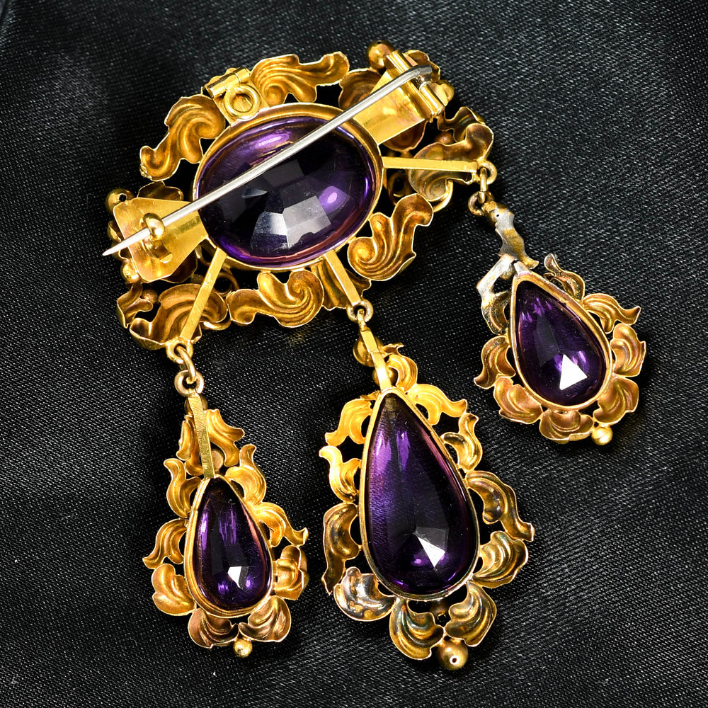 High Victorian Gold Amethyst Drop Brooch