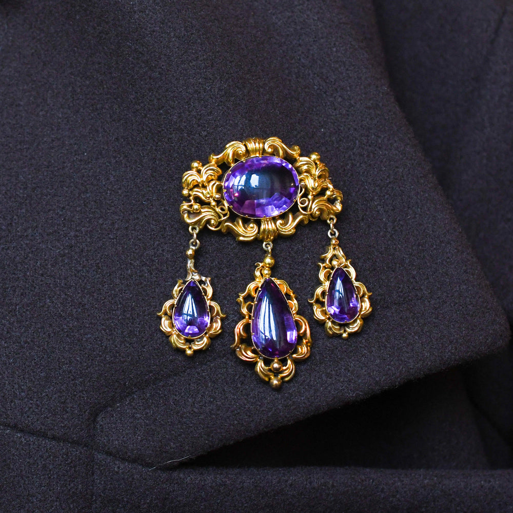 High Victorian Gold Amethyst Drop Brooch