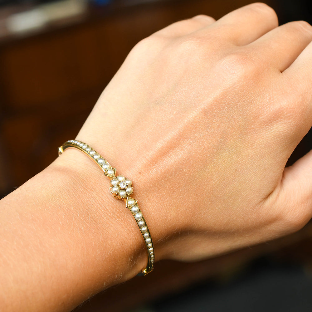 Victorian Pearl & Diamond Cluster Bangle
