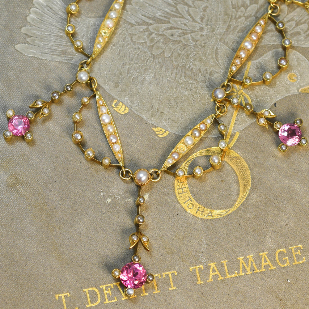 Edwardian Pink Tourmaline & Pearl Swag Necklace