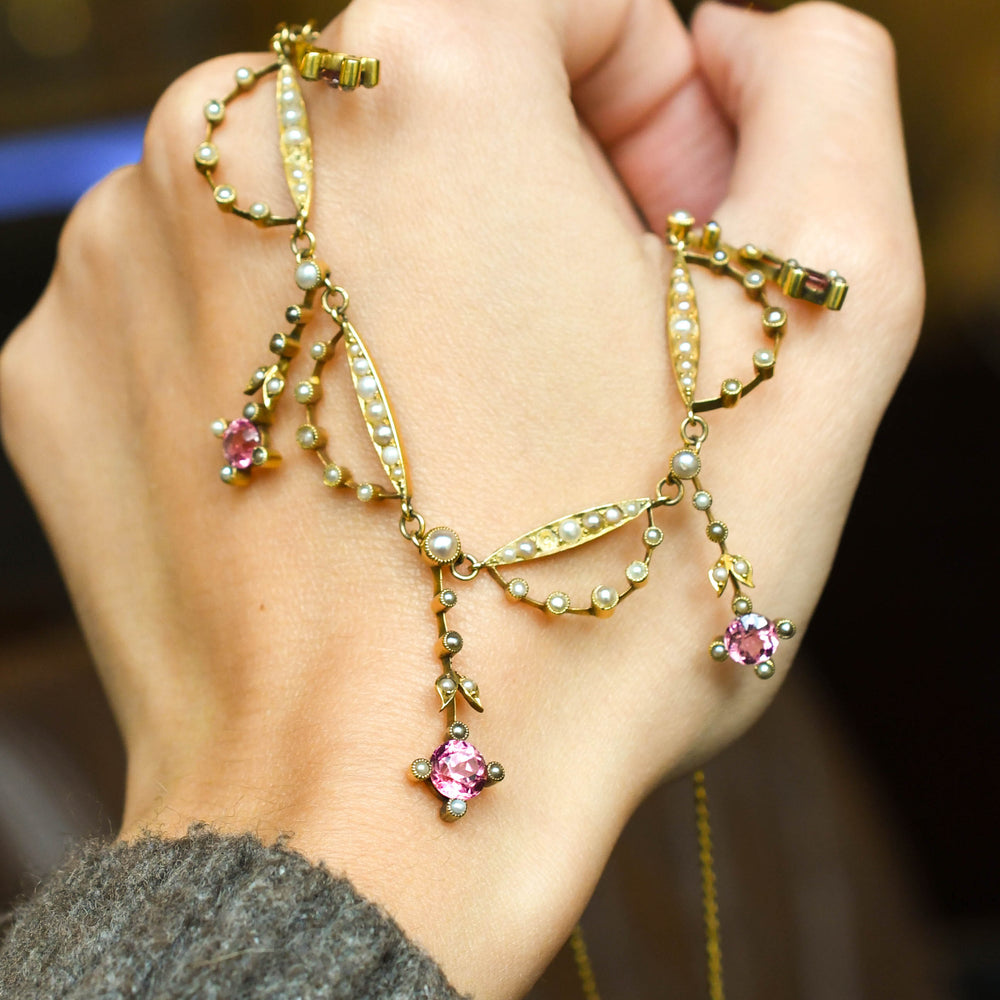 Edwardian Pink Tourmaline & Pearl Swag Necklace