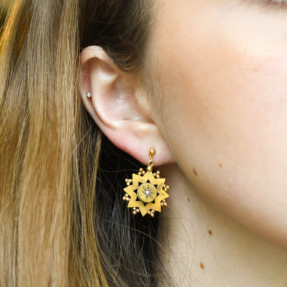 Etruscan Revival Pearl 15k Star Earrings