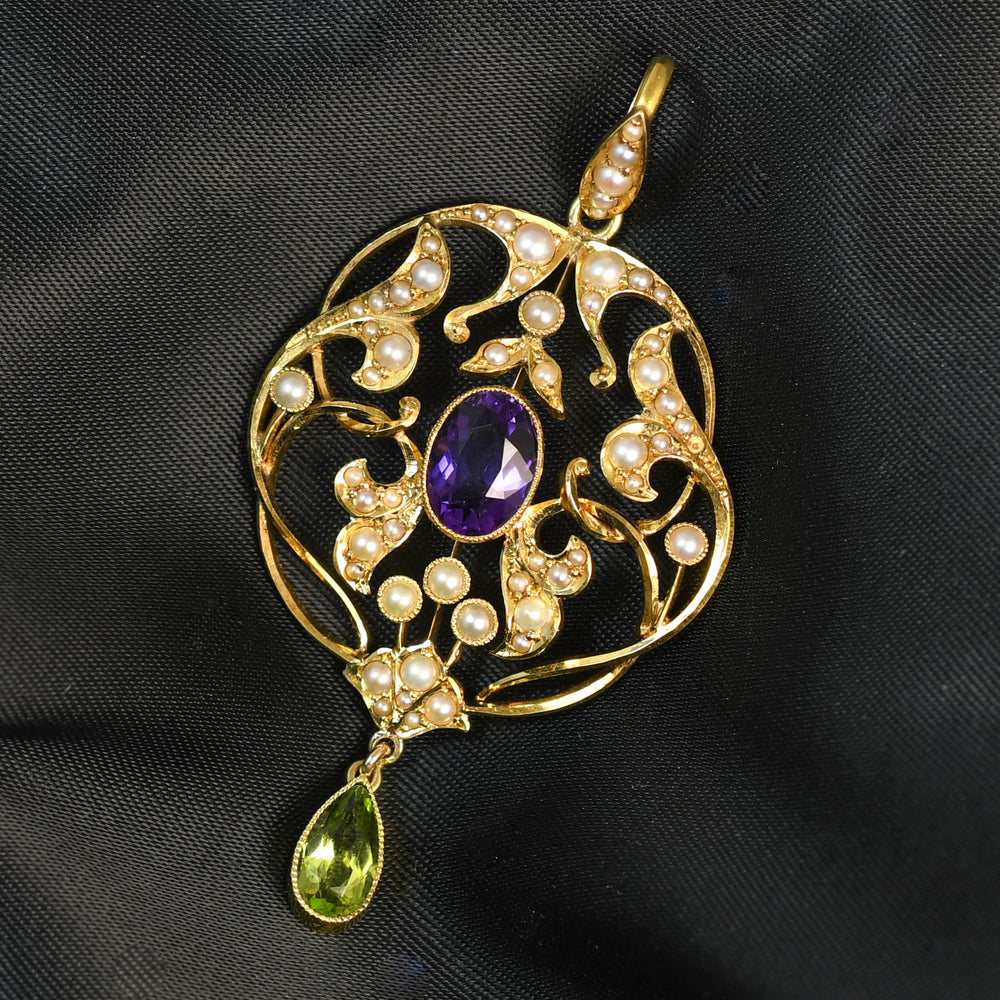 Antique Amethyst, Peridot & Pearl  Suffragette Pendant
